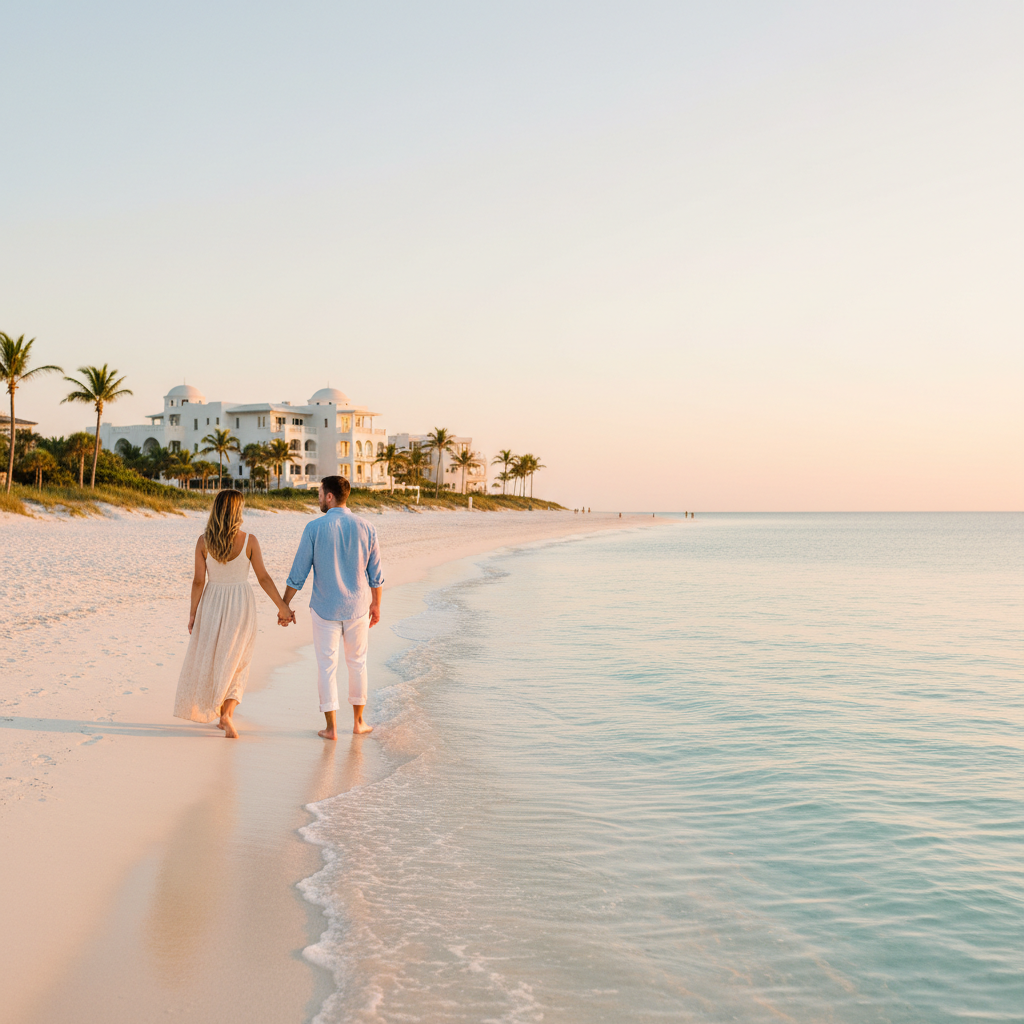 Romantic couple strolling Alys Beach white sand shores Florida