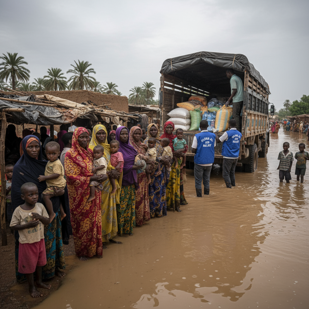 Sudanese families receiving critical food aid during the devastating 2025 floods
