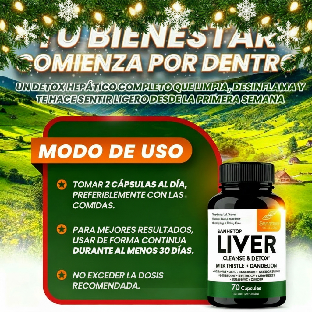 Imagen navide&ntilde;a Liver Cleanse con t&iacute;tulo MODO DE USO corregido.