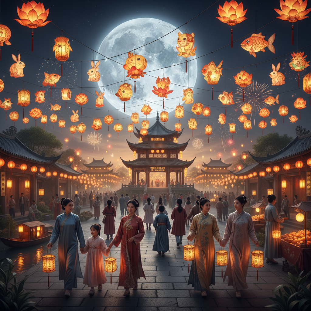 Mid-Autumn Festival 2025 lanterns and full moon; families celebrating.