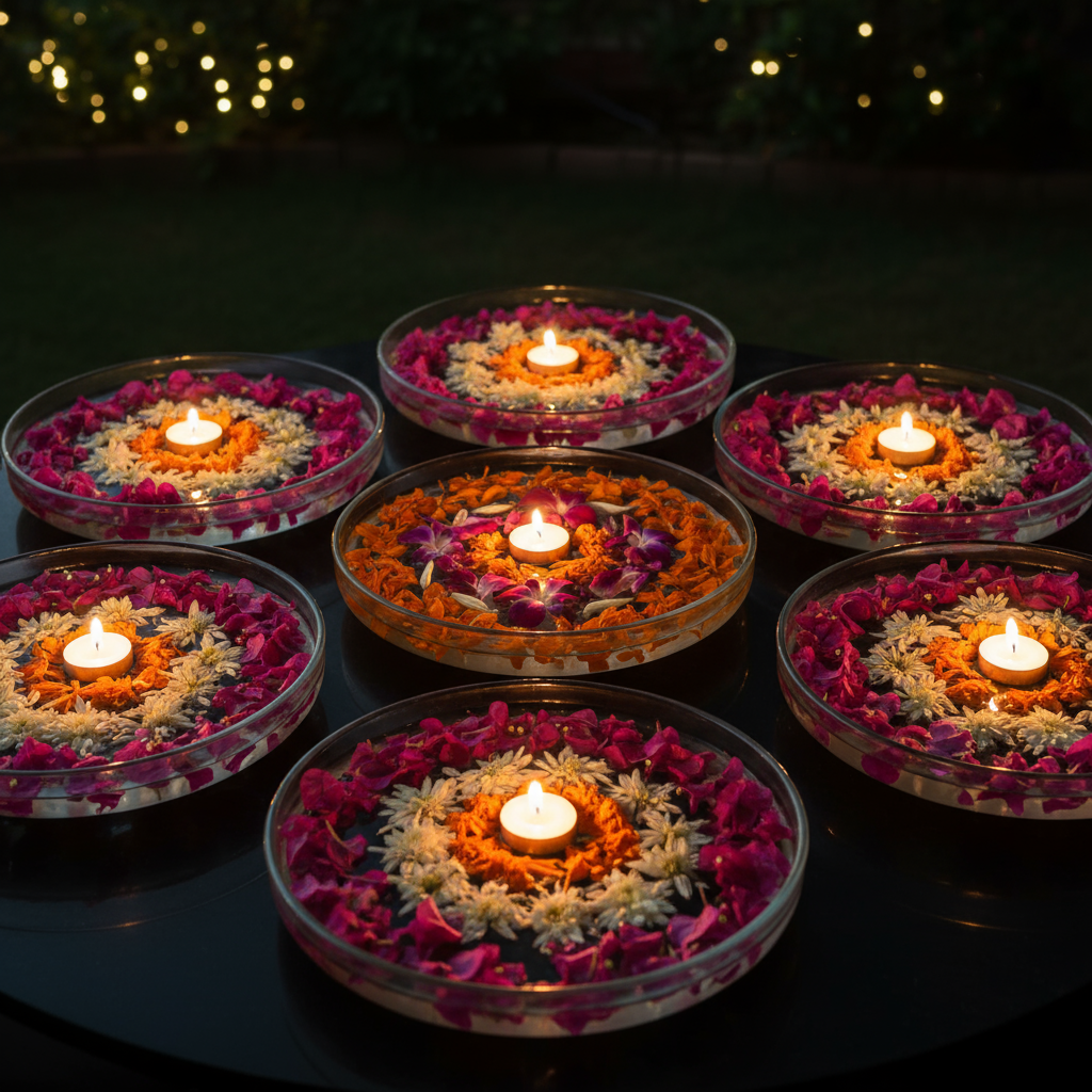 Simple floating flower rangoli with petals in bowls of water and floating candles at night
