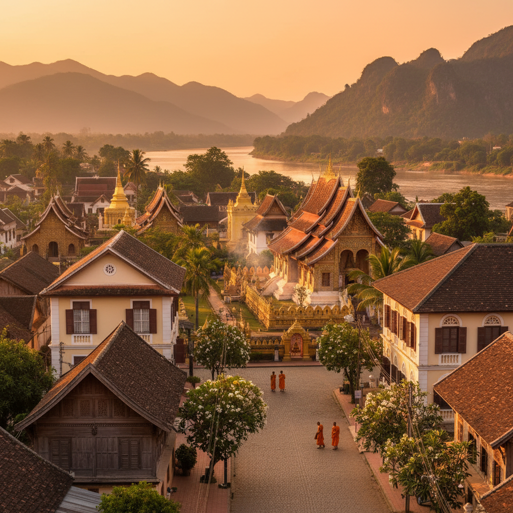 Luang Prabang's golden temples and French colonial architecture glowing at sunset along the Mekong River