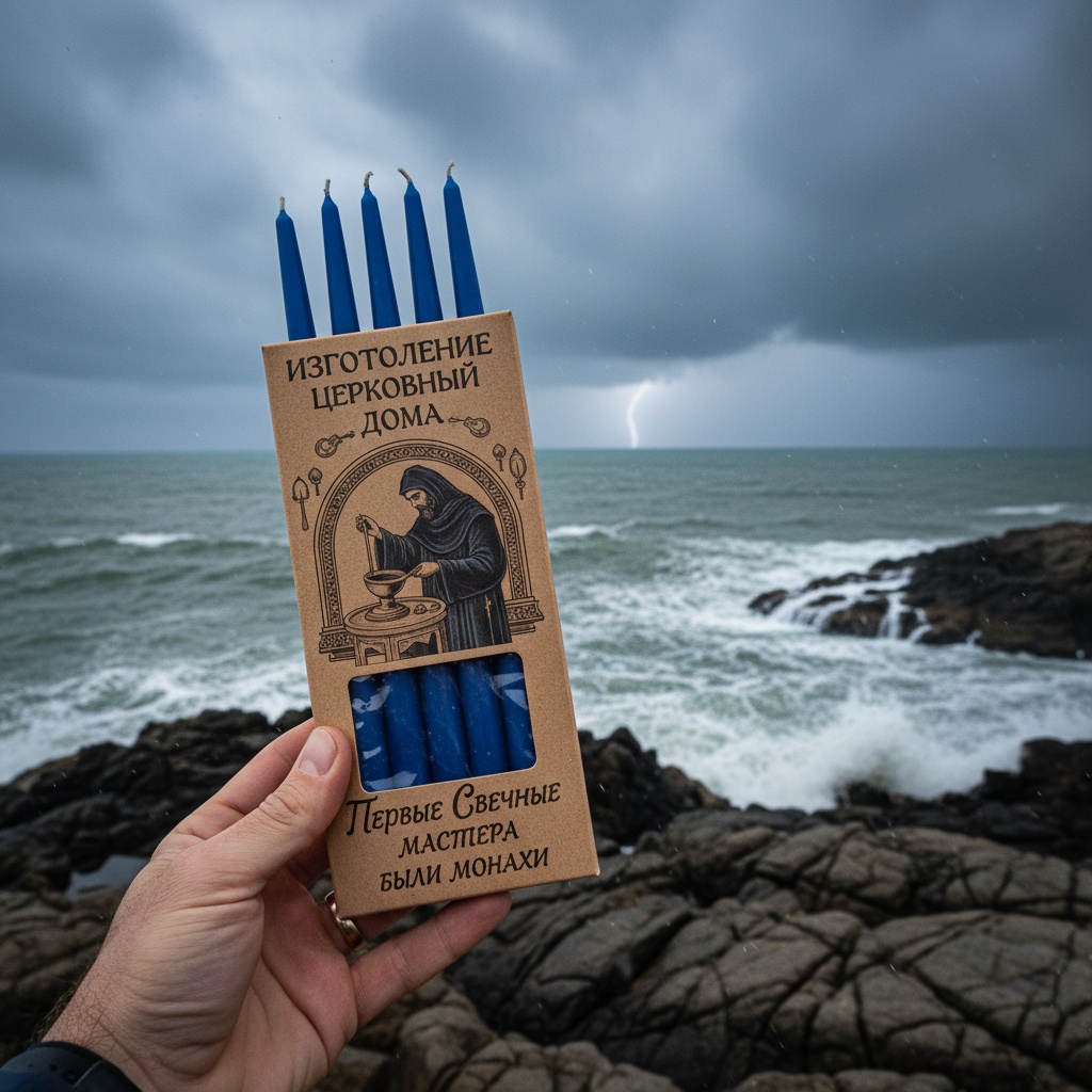 Realistic branded blue package of church candles held in hand with stormy sea and rocky shore background, with illustration and Russian text
