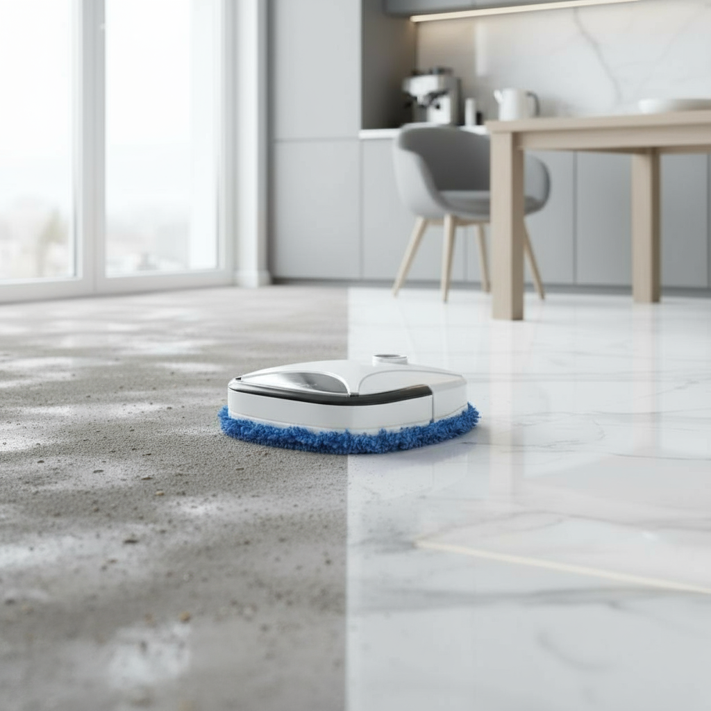 Robot mopa mostrando antes y después: piso sucio transformado en limpio en ambiente moderno.