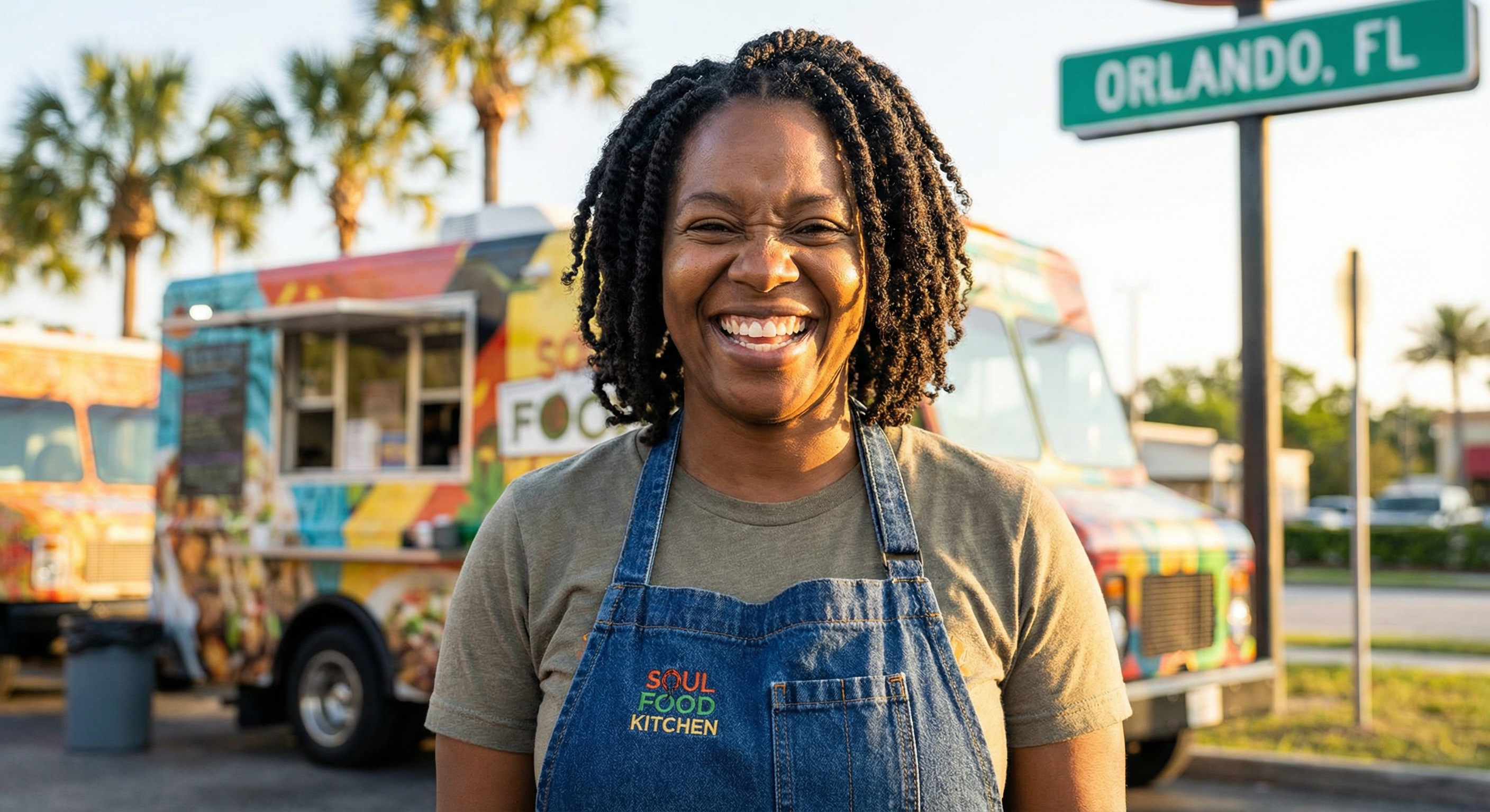 Spoon the Soul owner standing proudly in front of the food truck