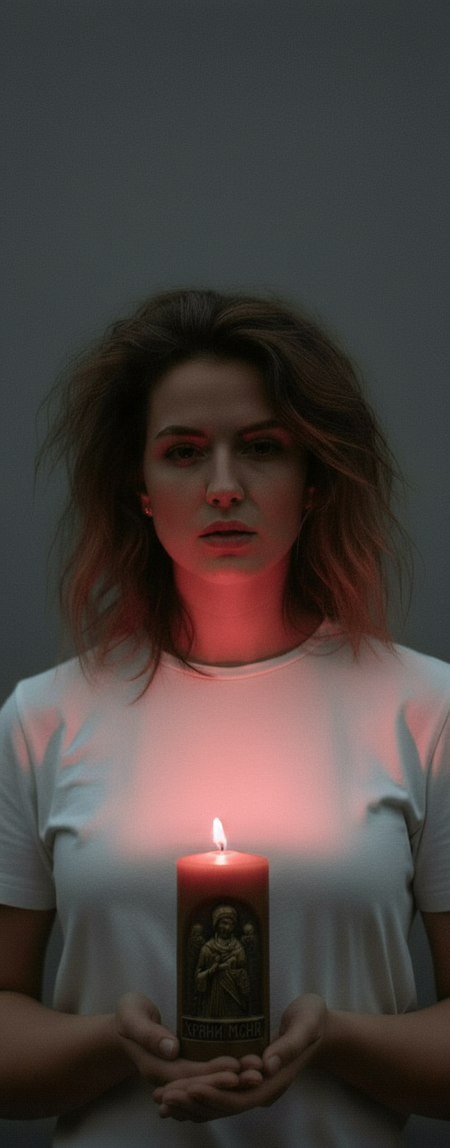 Moody cinematic close-up portrait of a person holding a candle labeled “Храни меня” in a minimal gray setting.