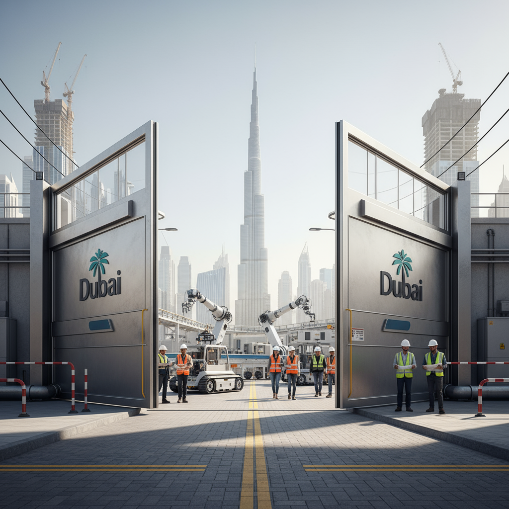 صورة افتتاح مصنع في دبي 2025 مع عمال وبرج خليفة بالخلفية