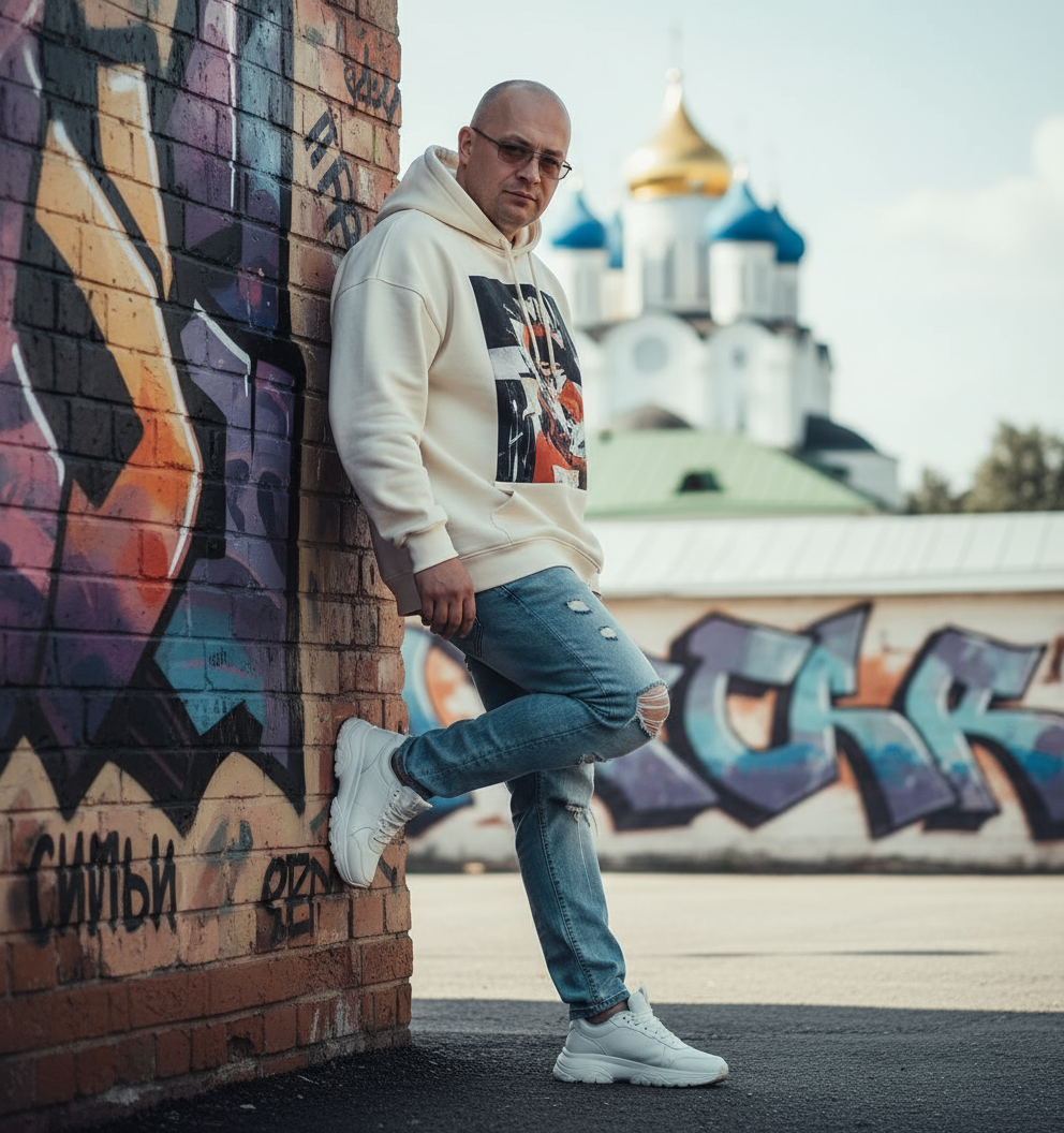 Мужчина у стены с граффити, модная толстовка, рваные джинсы, кроссовки, уличный стиль Сергиева Посада.