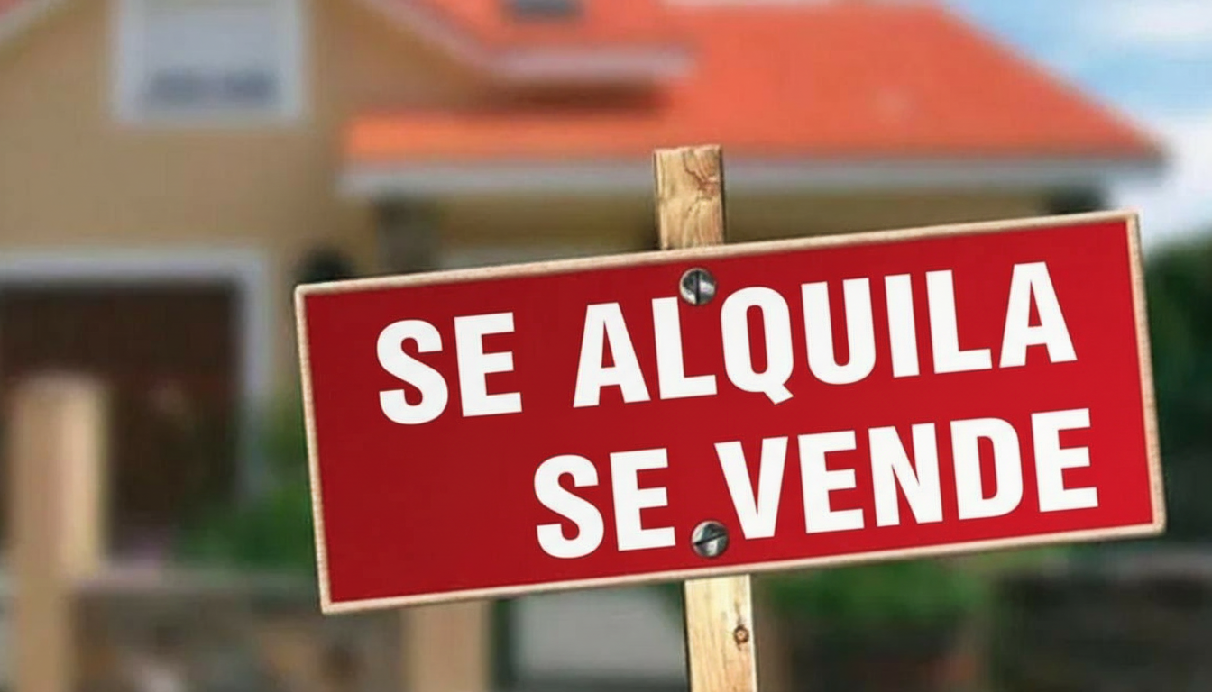 Cartel inmobiliario de "SE ALQUILA" y "SE VENDE" para PropiedadesUY