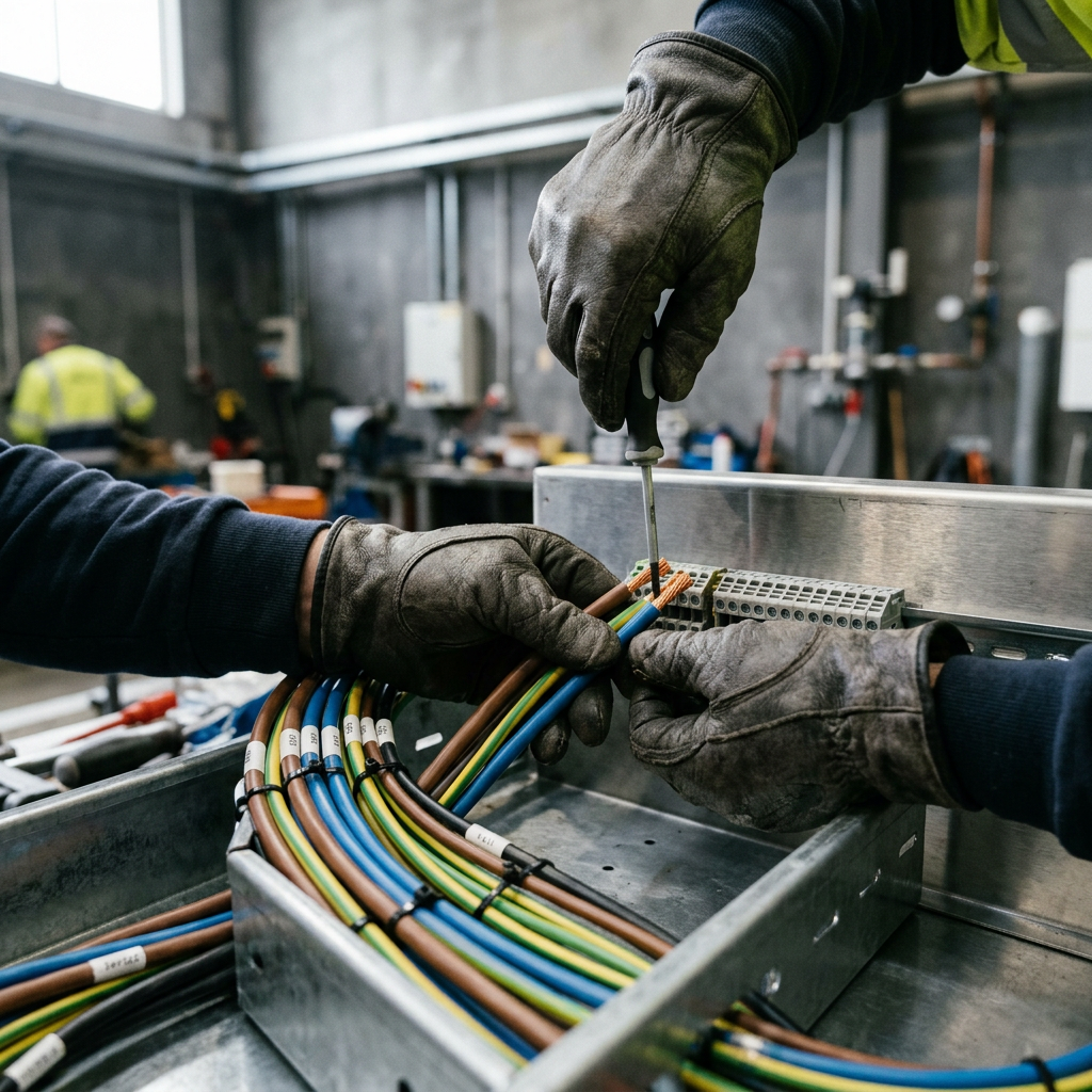 Detail shot of a professional electrician routing and terminating electrical cables inside a steel conduit panel — demonstrating Horizon's precision craftsmanship