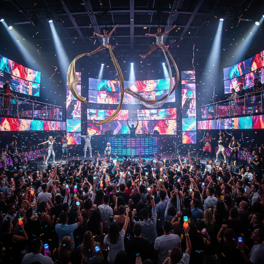 Interior of famous Coco Bongo nightclub in Punta Cana with acrobats, performances, and energetic crowd