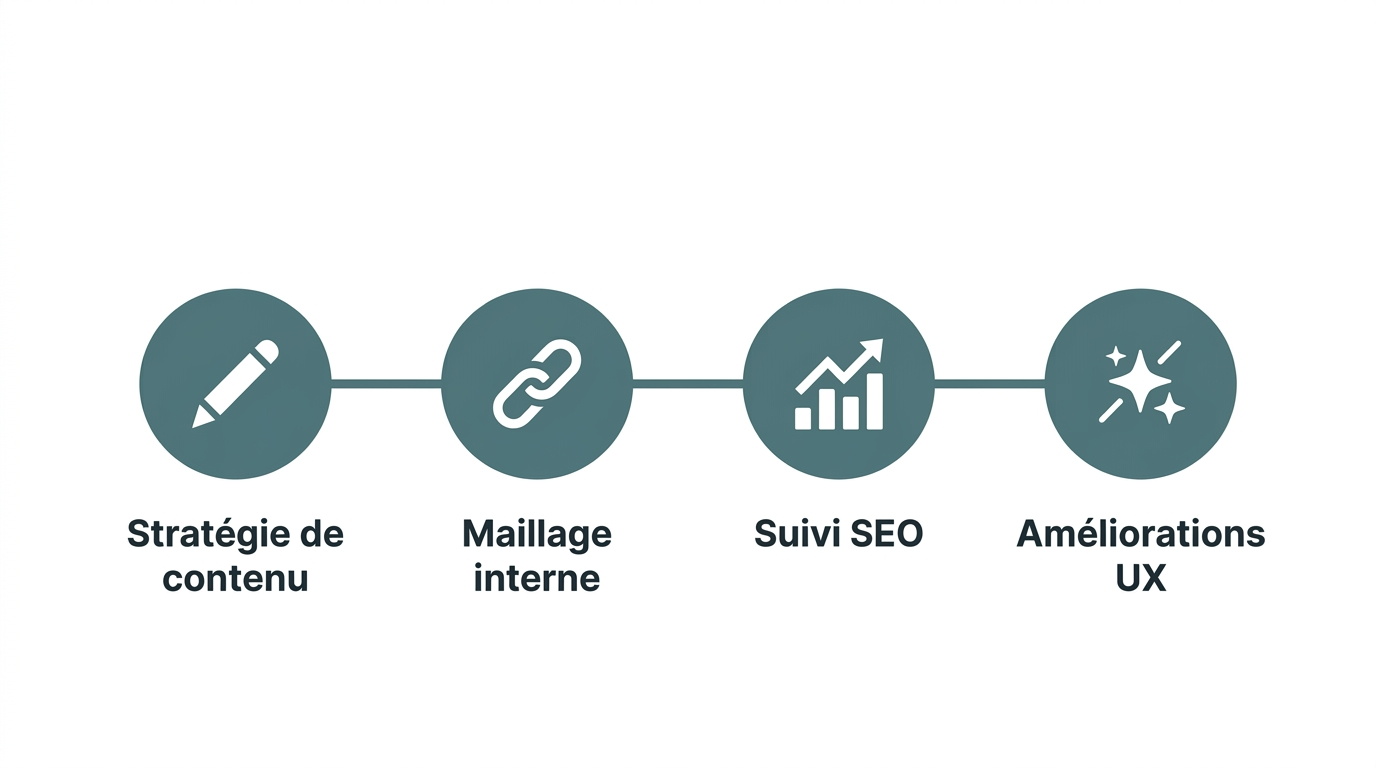 Roadmap SEO en 4 jalons : Stratégie de contenu, Maillage interne, Suivi SEO, Améliorations UX