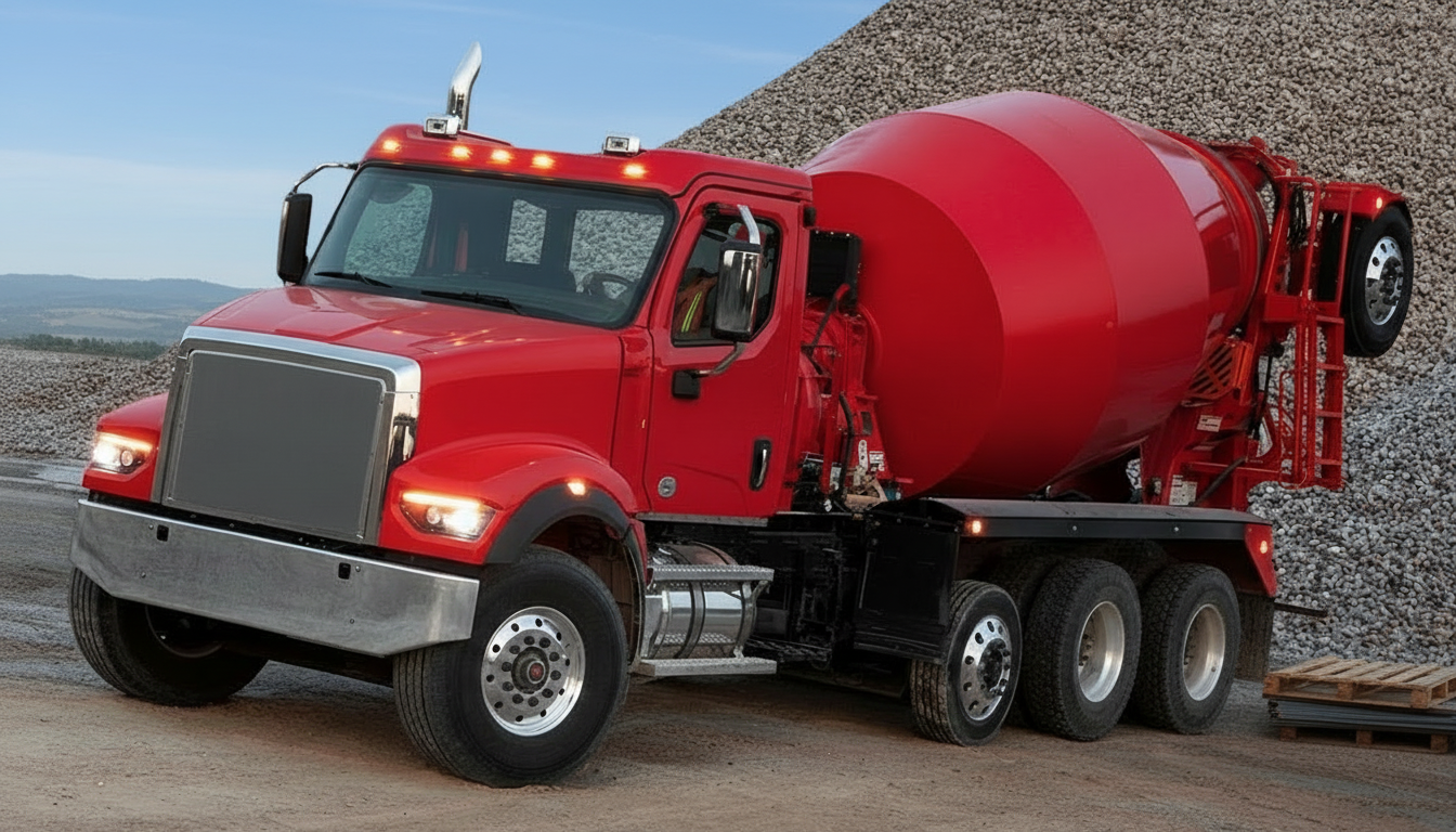Unbranded red concrete mixer truck with open background and no buildings.