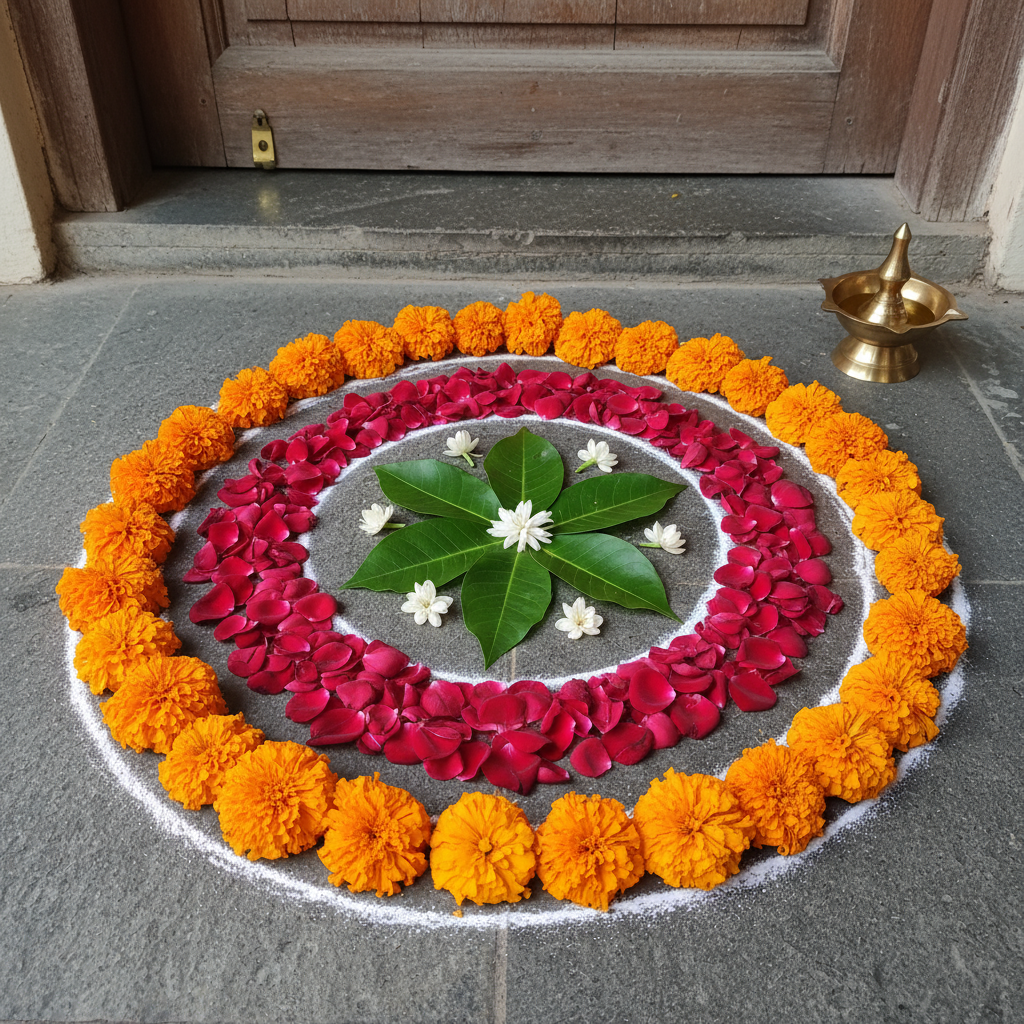 Simple Floral Round Rangoli with marigold, rose petals and green leaves