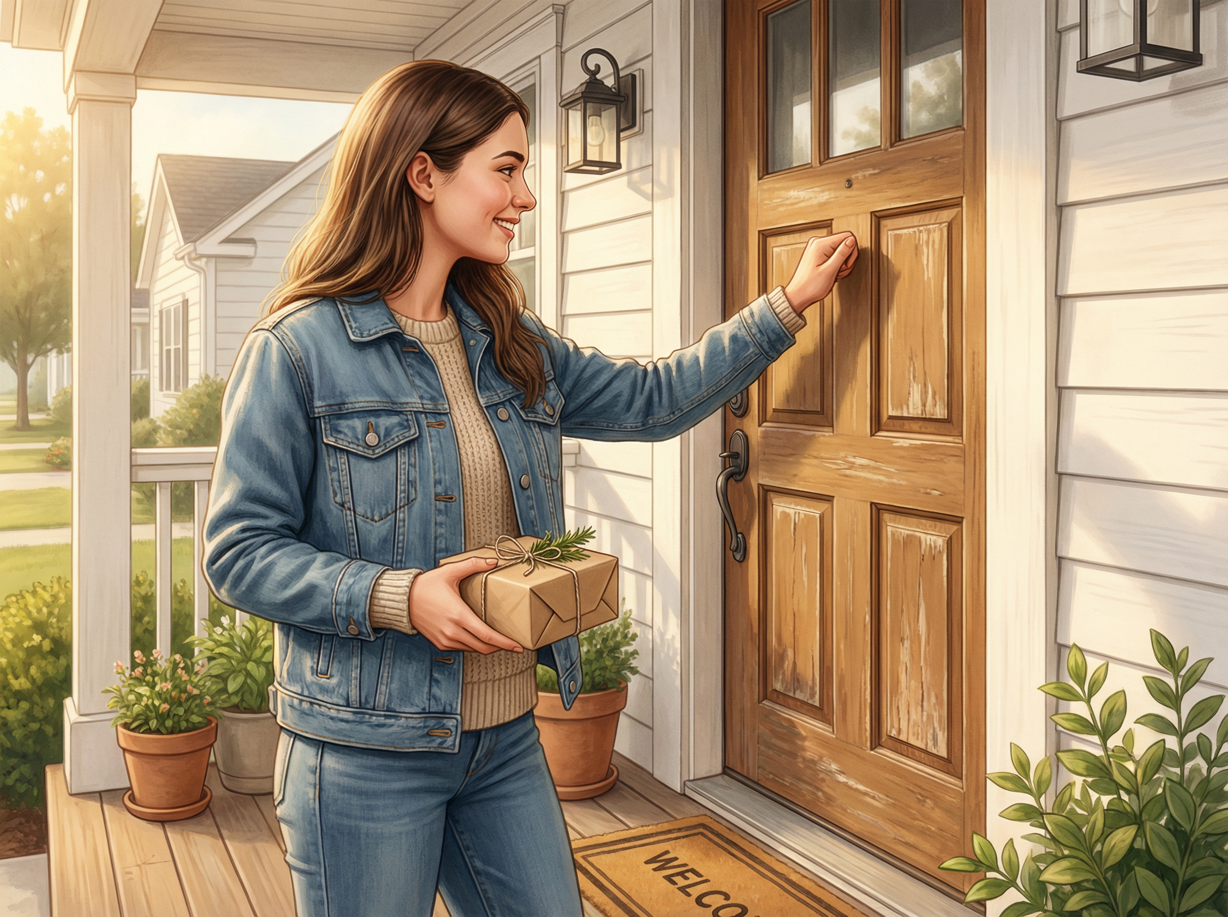 Friendly field agent delivering a care package to an elderly resident's home