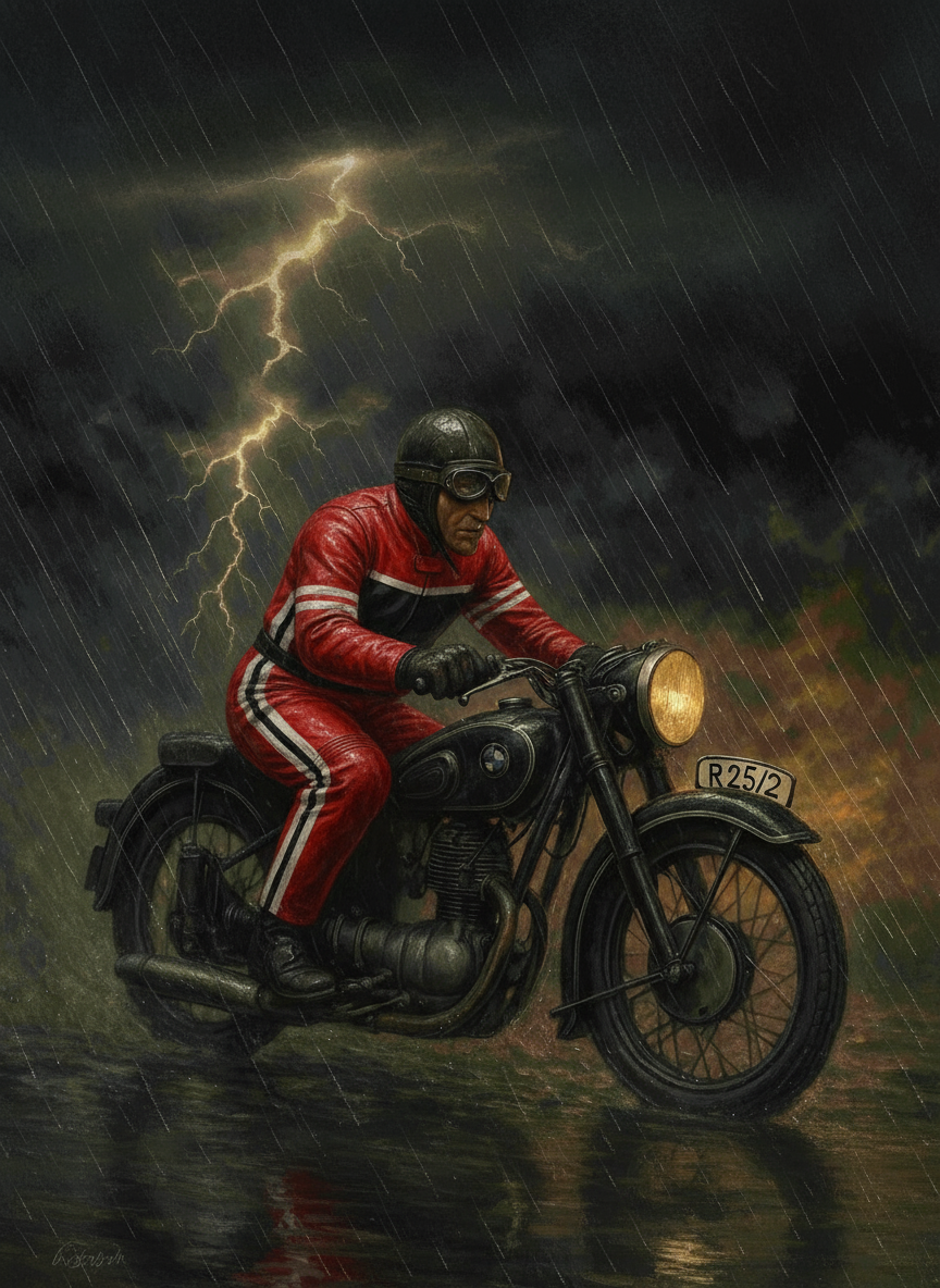 Motorradfahrer mit rotem Lederanzug im Regen auf BMW-Motorrad.