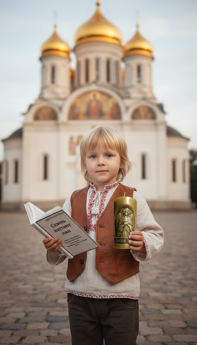Ребенок с книгой и свечой на фоне православного храма, мягкий свет, натуральная кожа