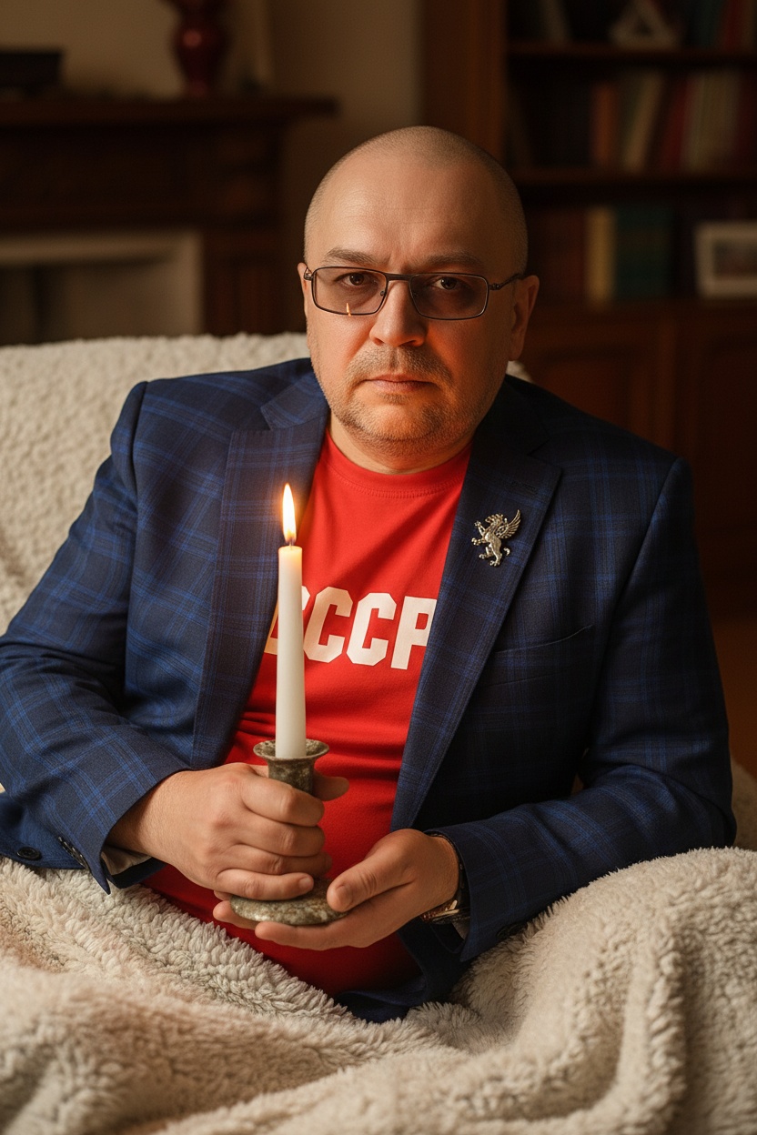 Иллюстрация мужчины в домашней обстановке с советской символикой и свечой.