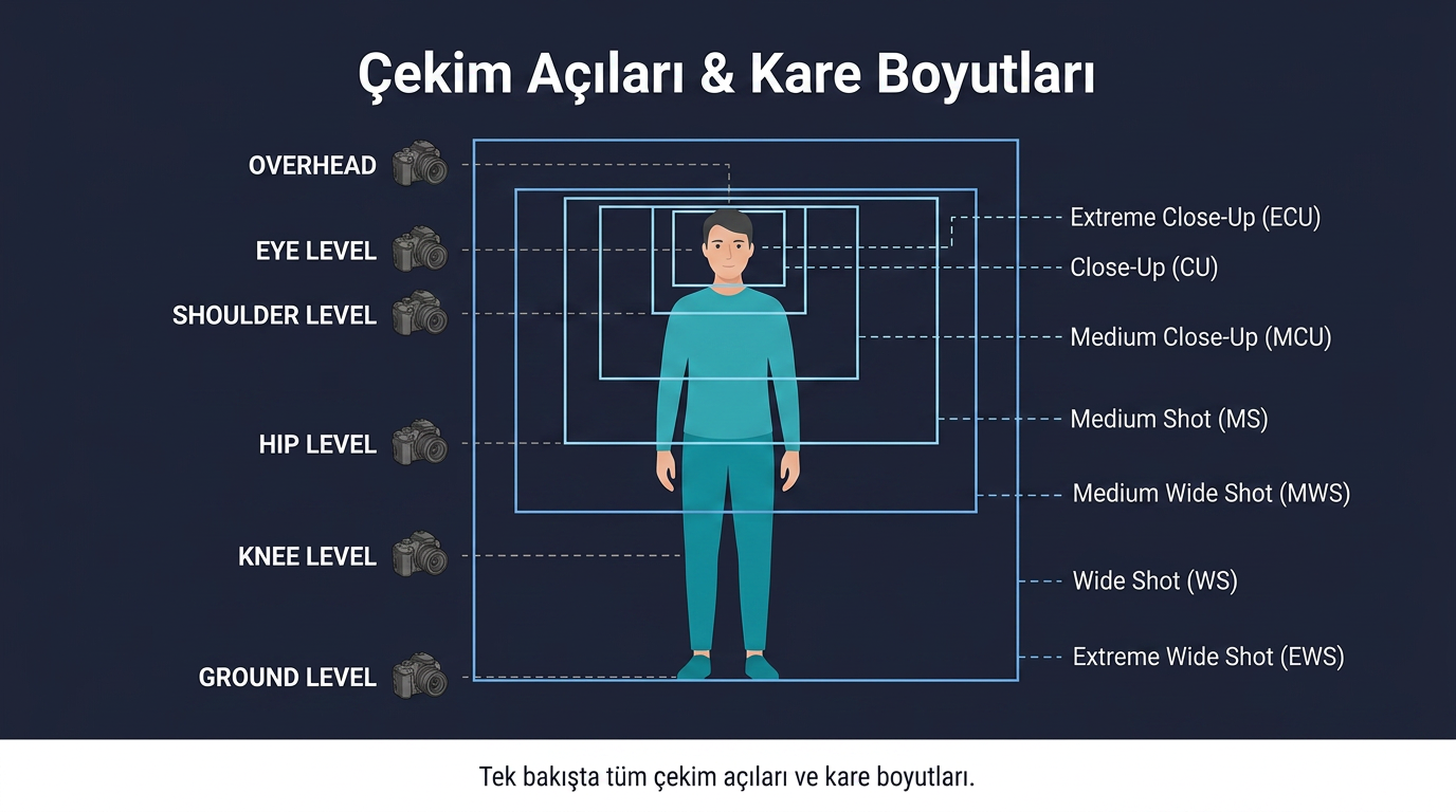 Çekim açıları ve kare boyutları — tüm shot sizes tek diyagramda