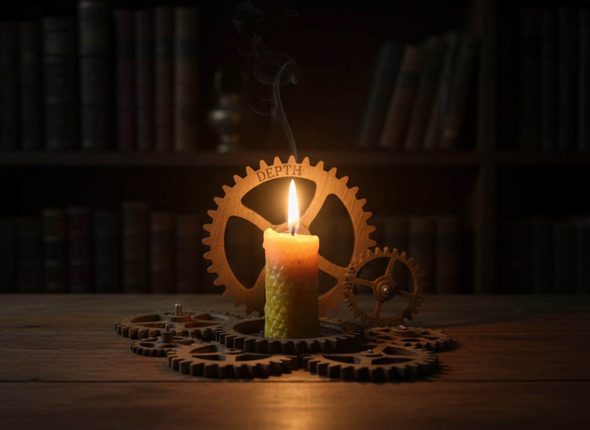 A simple candle as a symbol of a new economic order valuing depth over speed.