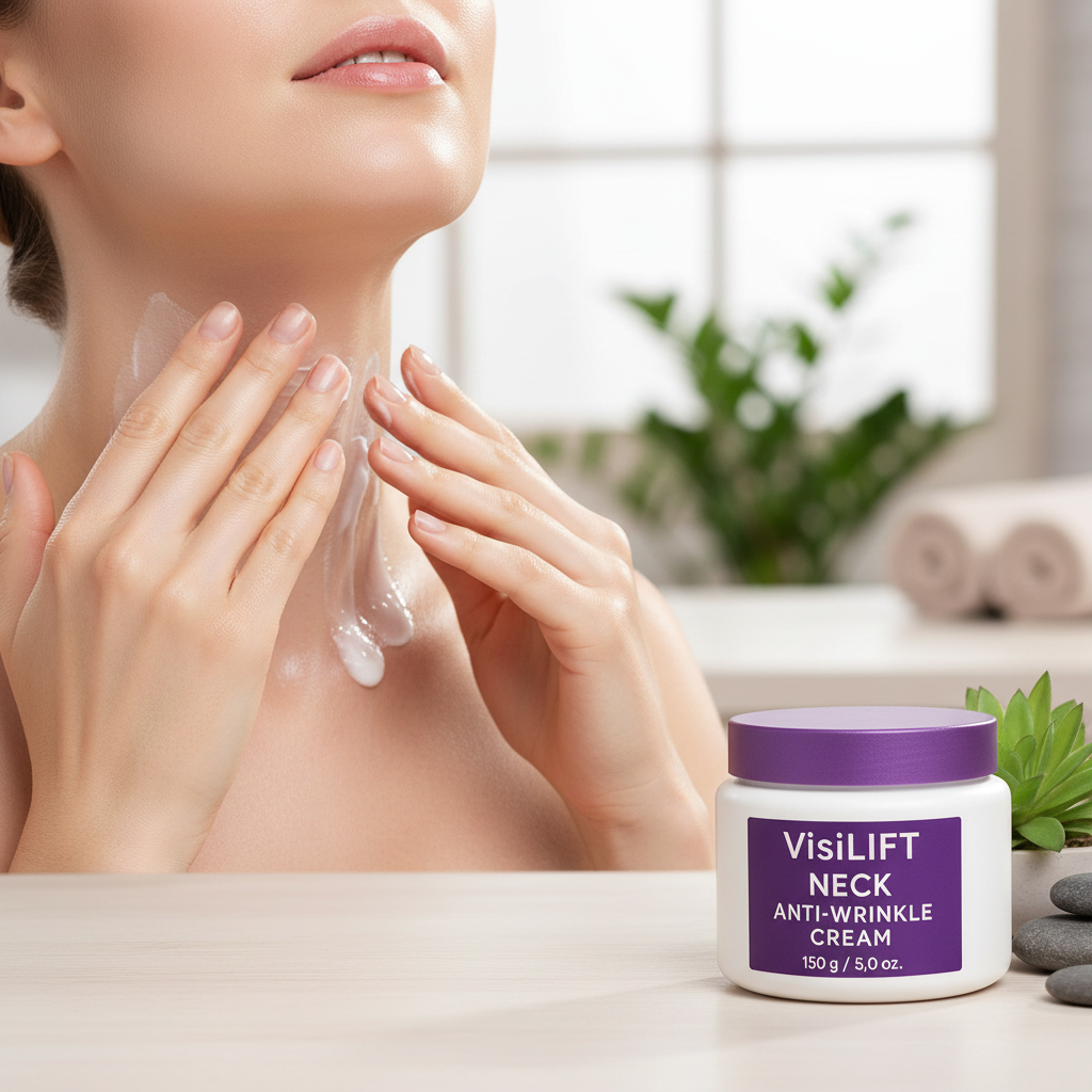Manos femeninas aplicando crema VisiLIFT en el cuello, textura visible, ambiente de spa moderno.