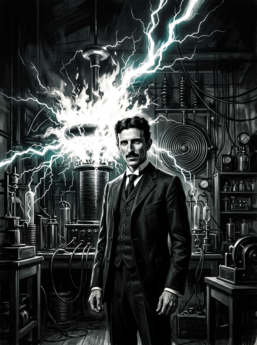 Nikola Tesla illustration — standing before a Tesla coil discharge