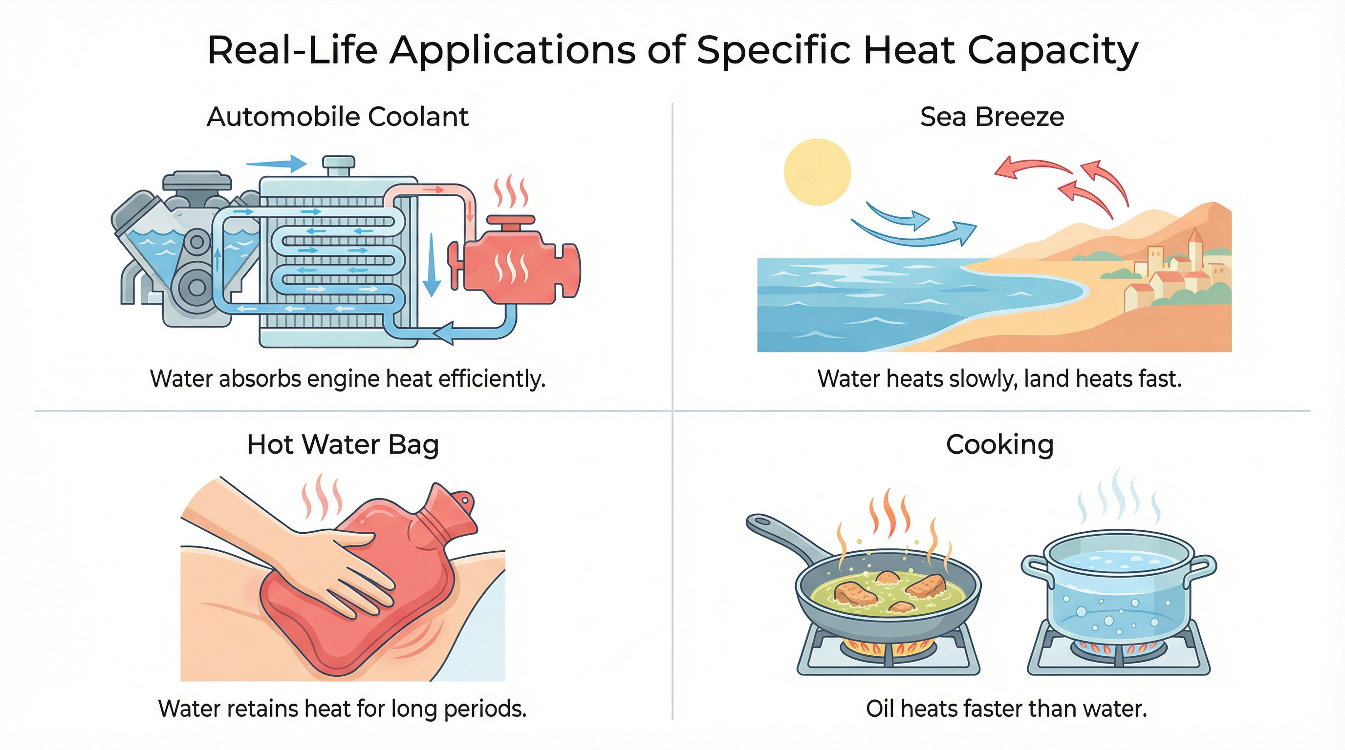 Infographic of real-life applications of specific heat capacity