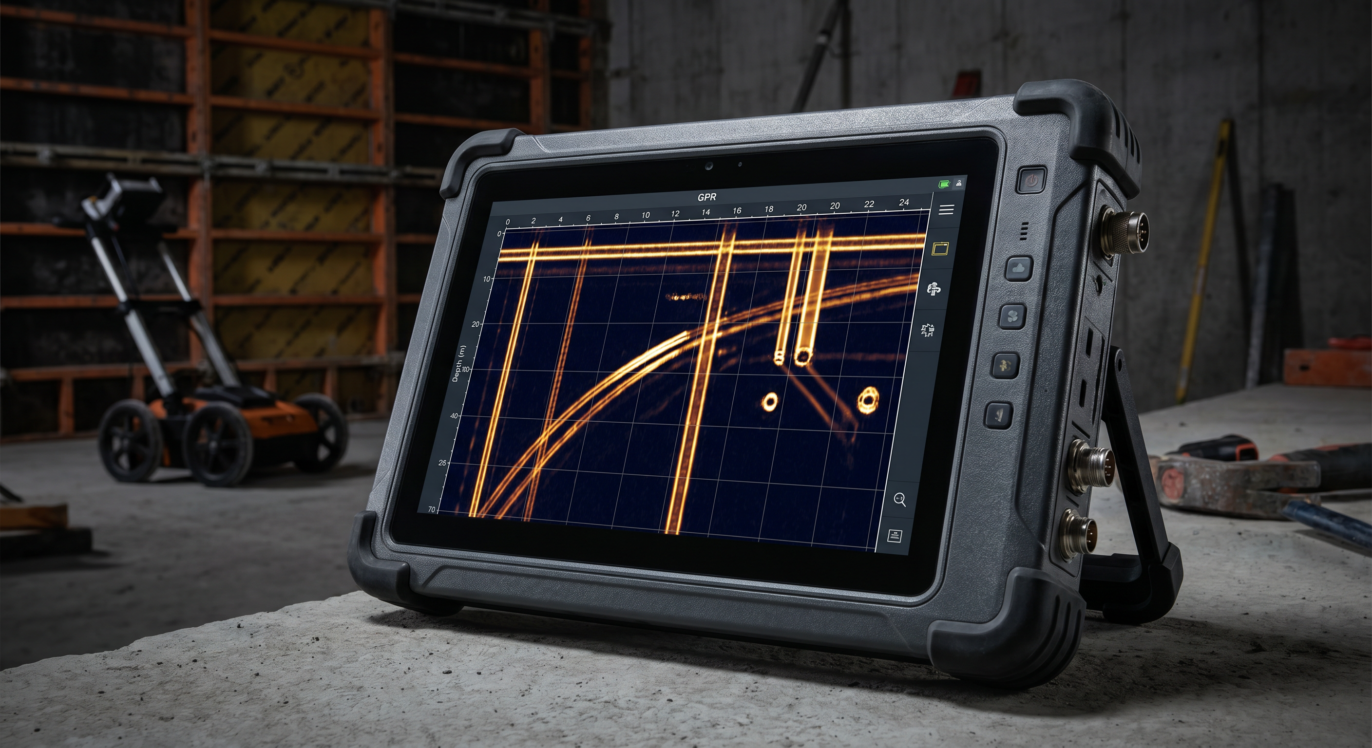 GPR concrete scan display showing 2D and 3D cross-section of concrete slab with embedded objects