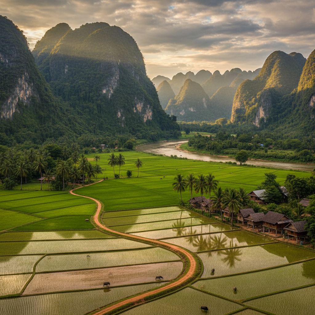 Vang Vieng's iconic limestone karsts rising from emerald rice paddies creating Southeast Asia's most stunning landscape