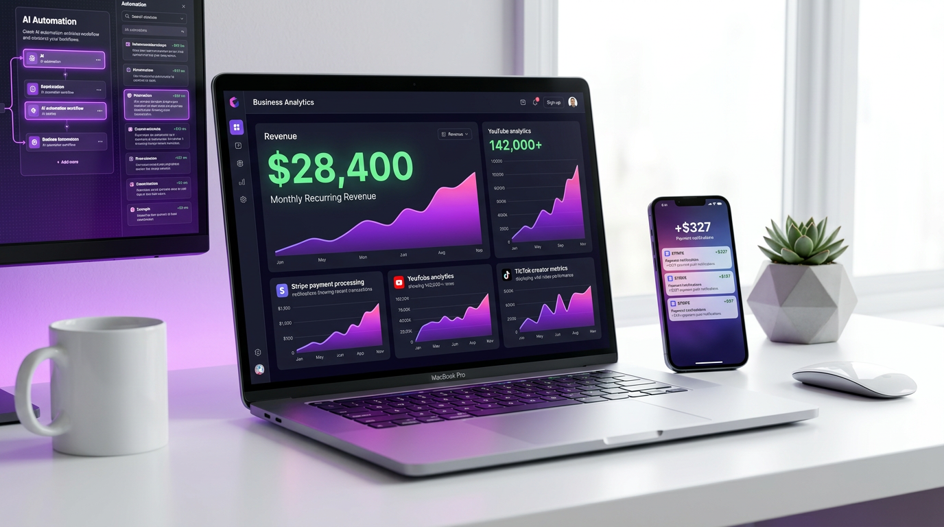 Photorealistic MacBook Pro displaying ClickBank affiliate dashboard showing $8,450 in commissions, multiple payment notifications, cloned funnel analytics showing traffic and conversions, iPhone with payment alerts, clean workspace