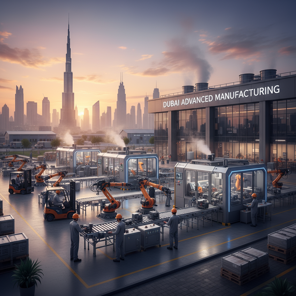 مصنع واقعي في دبي مع عمال ومعدات إنتاج وخلفية برج خليفة
