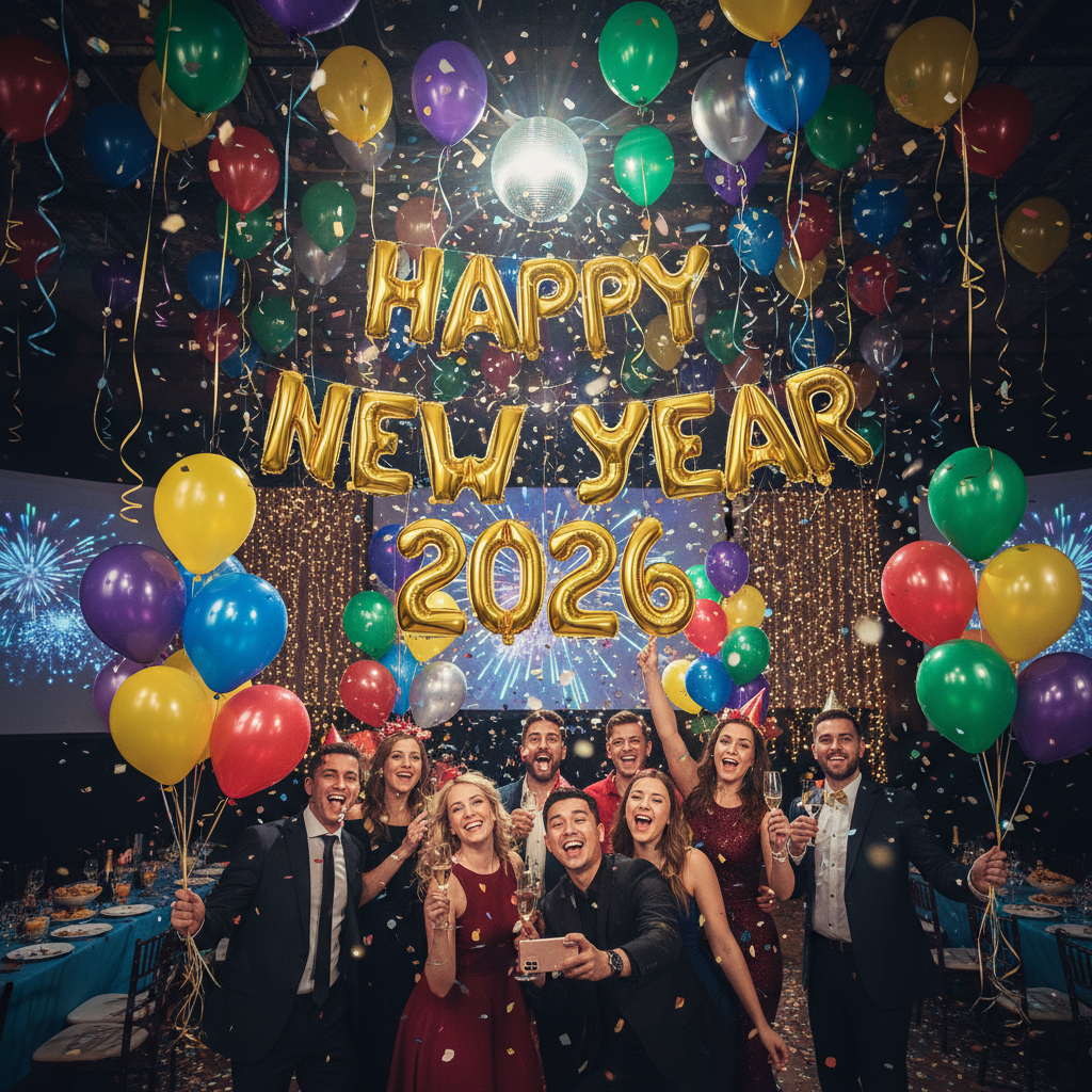 Colorful balloons party festive Happy New Year 2026 celebration
