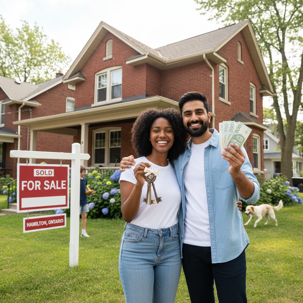Welcoming Hamilton home exterior with happy homeowners holding cash, representing the successful sale to a cash buyer
