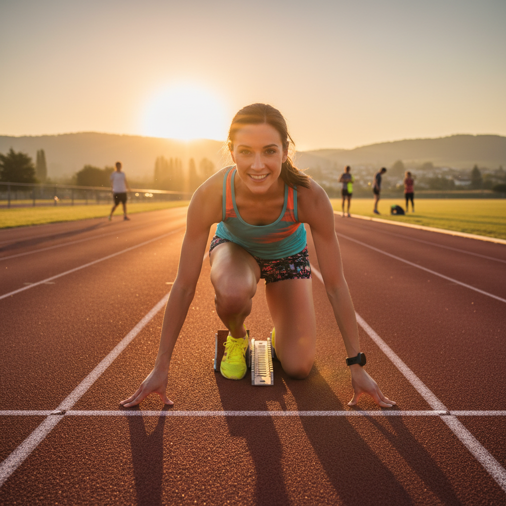 Runner starting journey on track at sunrise, motivational and beginner friendly