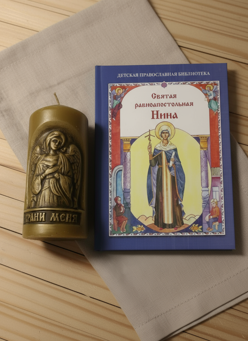 Candle with angel placed beside Orthodox Saint Nina book