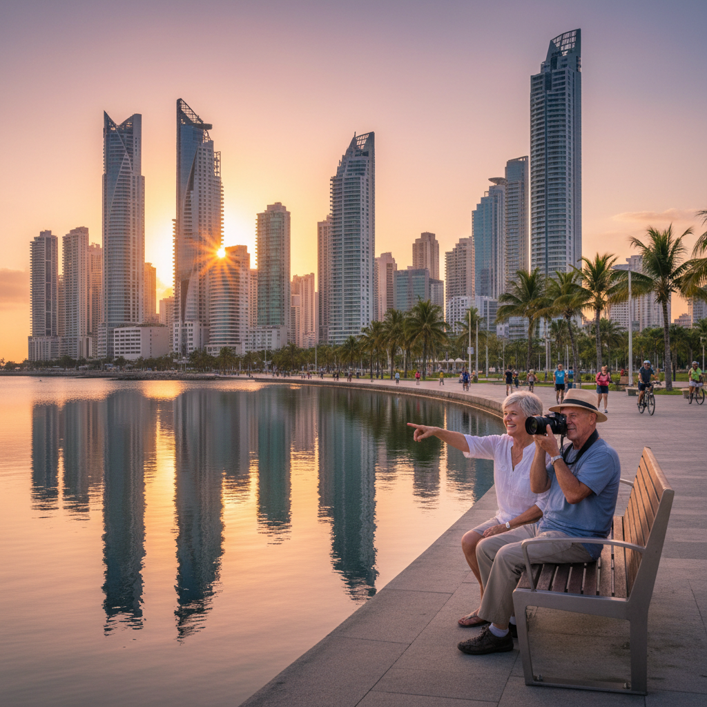 American retirees enjoying Panama City's modern waterfront and skyline