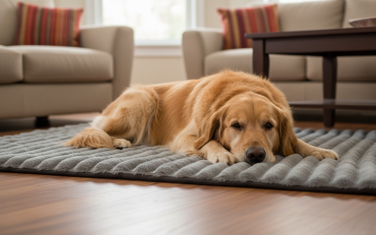 Golden retriever on thick, ultra-quilted gray thermal pet blanket in living room, square format, no text.