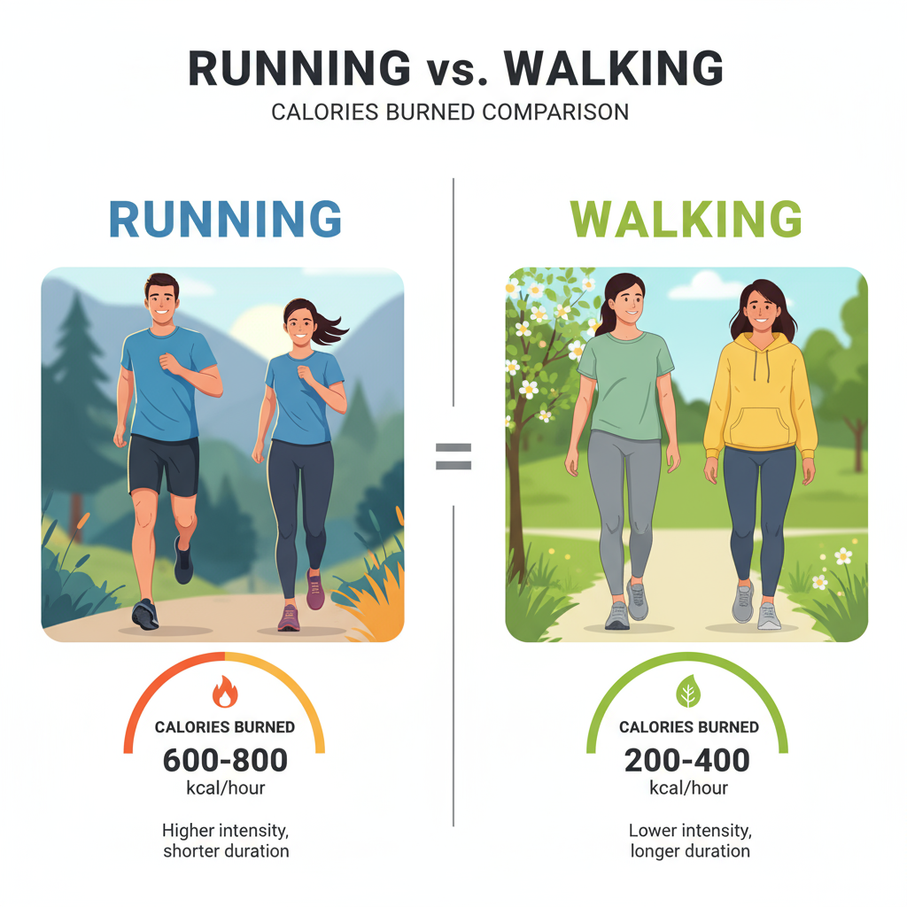 Featured image comparing running vs walking calories burned, modern outdoors infographic style.