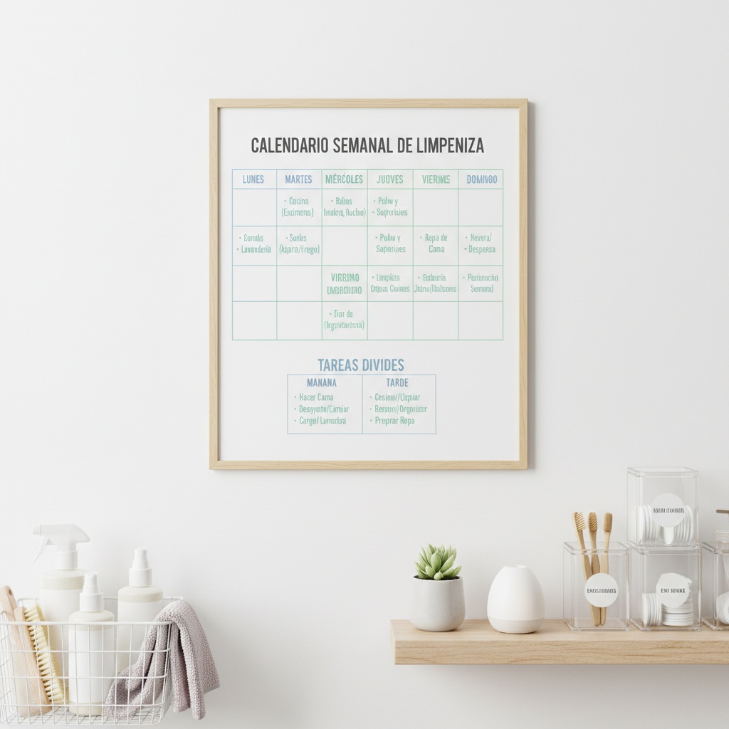 Calendario semanal de limpieza organizado con productos de limpieza