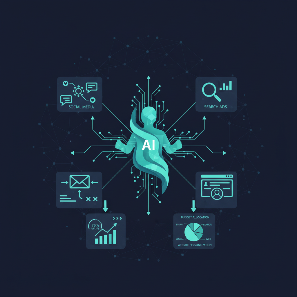 Illustration of AI marketing intelligence agents orchestrating multi-channel campaigns and budget allocation