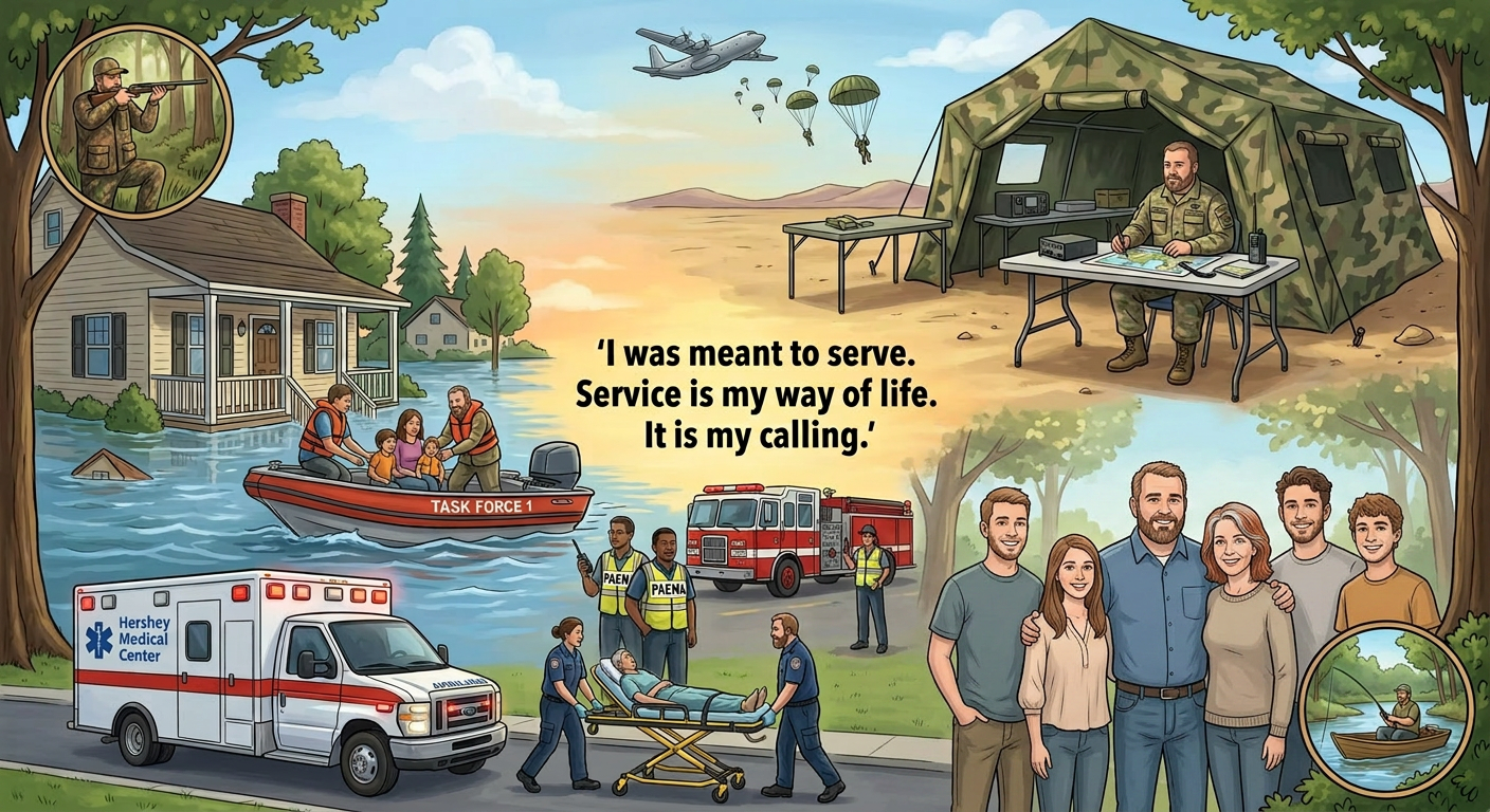 Mural of one man serving in many disaster roles with his family and the words: I was meant to serve. Service is my way of life. It is my calling.