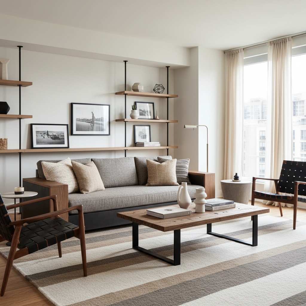 Sala moderna masculina con muebles de madera y metal