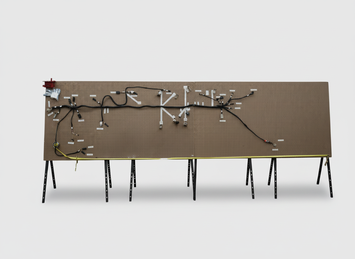 Isolated pegboard and automotive wiring harness on a clean background.