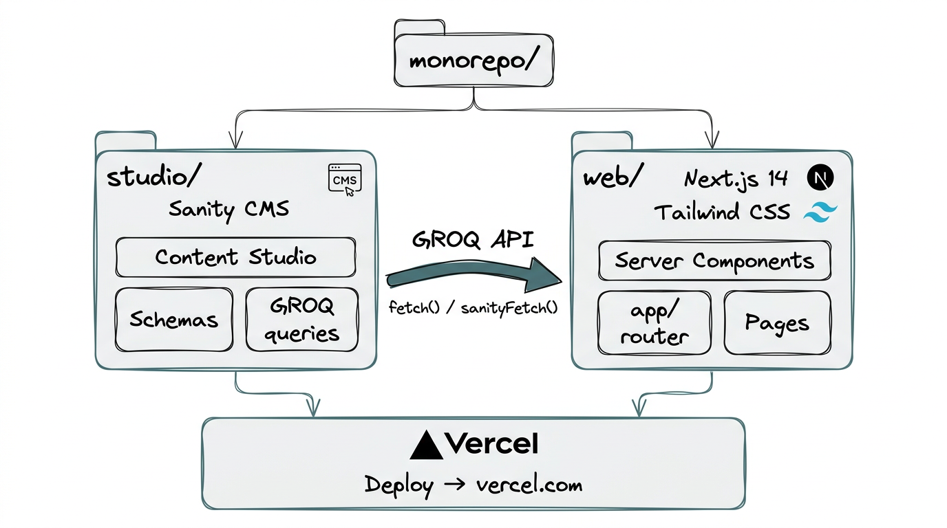 Schéma technique d'architecture monorepo avec studio/ (Sanity CMS) et web/ (Next.js 14)