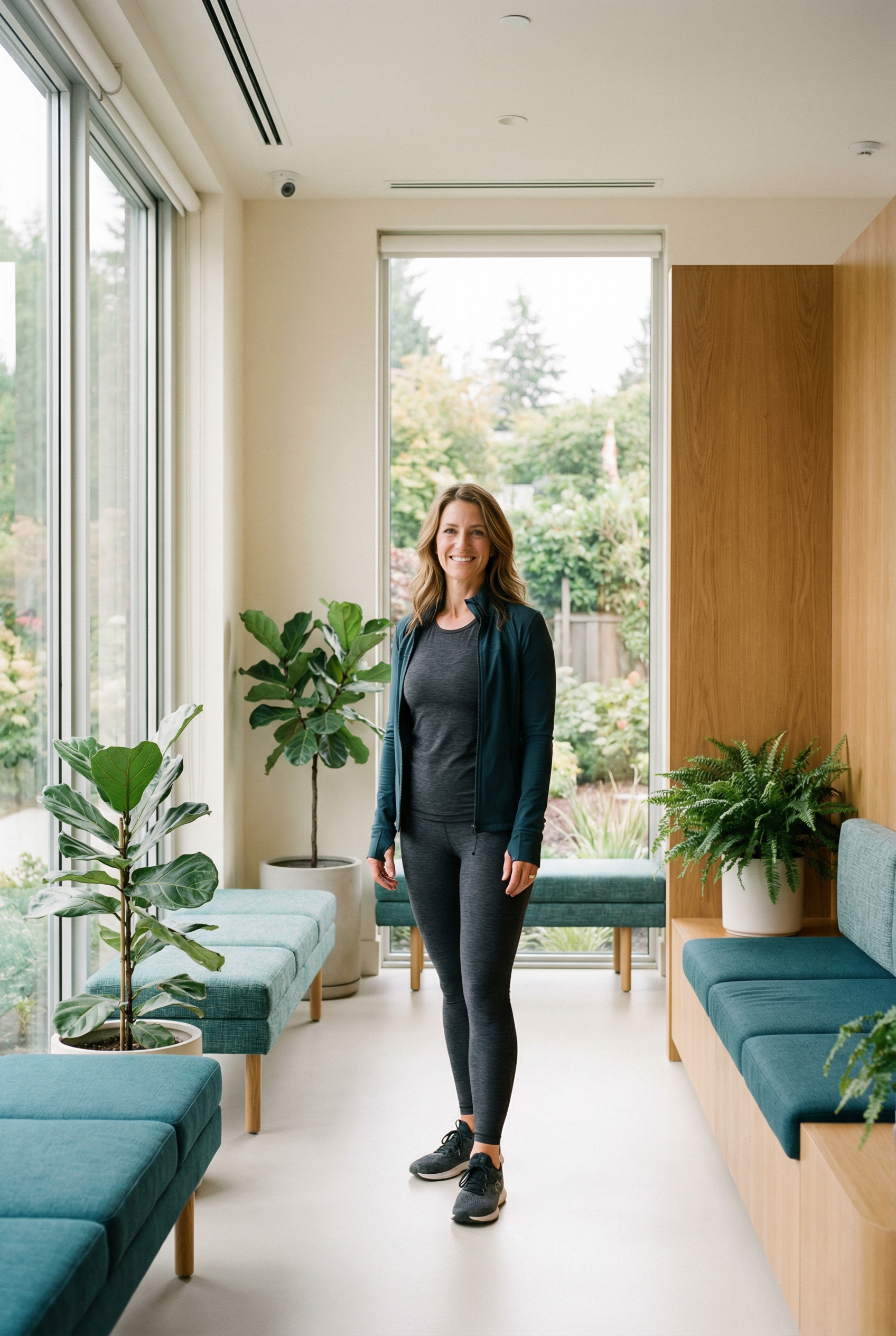 Athletic woman in premium gym setting, confident posture