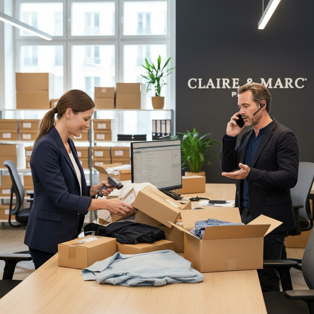 Twee mensen op een klantenserviceafdeling, verwerken retourpakket en telefoneren, ultra realistisch, Claire & Marc Paris logo zichtbaar, horizontaal, 4K.