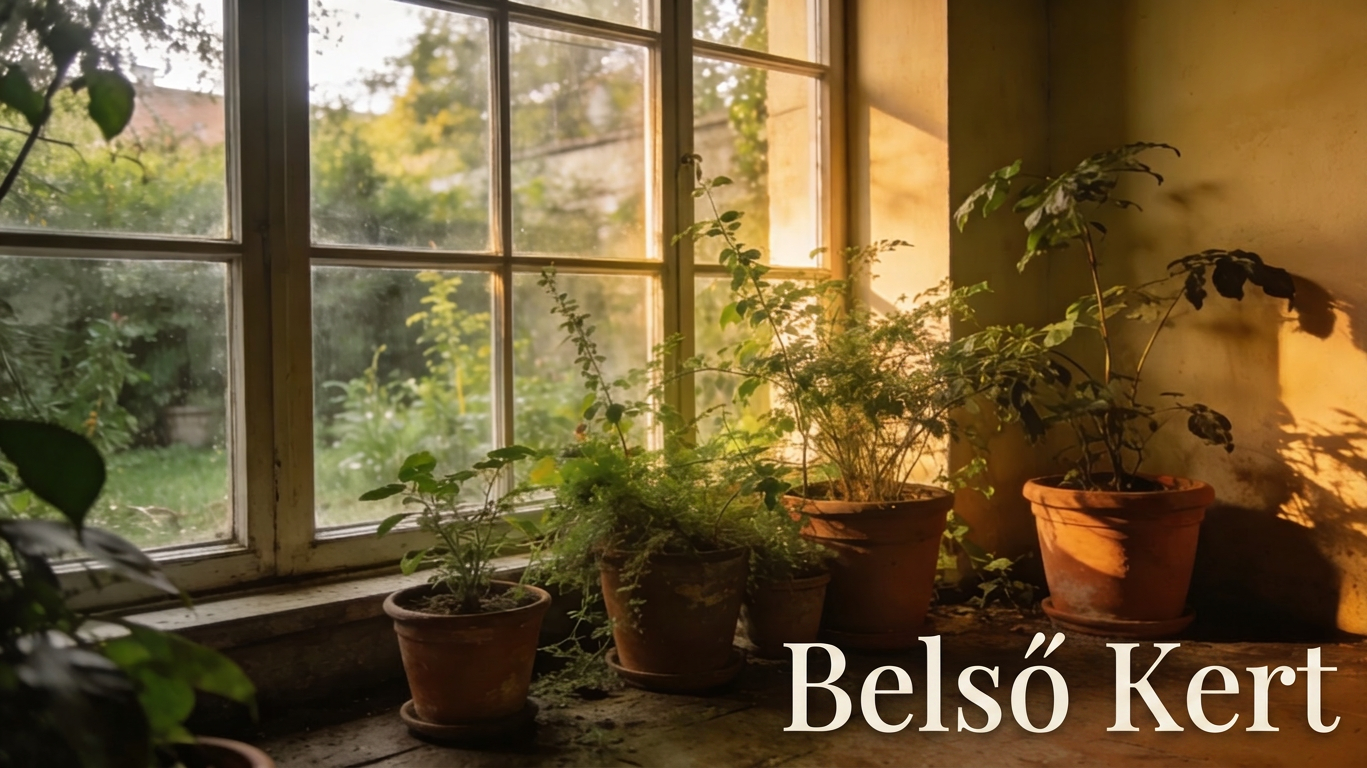 Meleg, zöld növényekkel teli belső kert, reggeli fénnyel