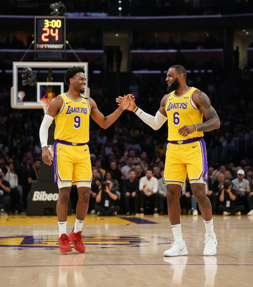 Bronny James và LeBron James cụng tay nhau trong cùng một trận đấu bóng rổ Lakers.