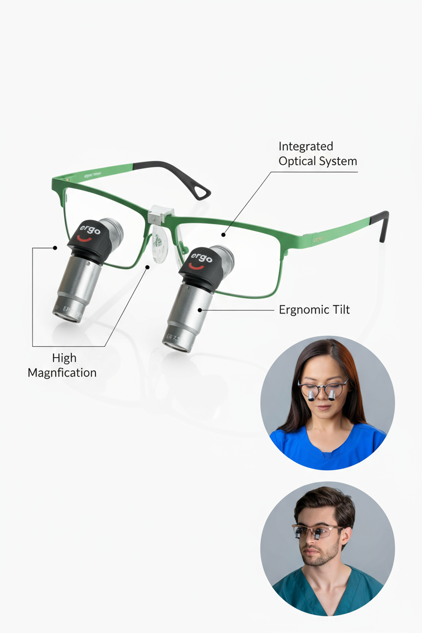 Detailed view of Admetec ergo loupes optical magnification system
