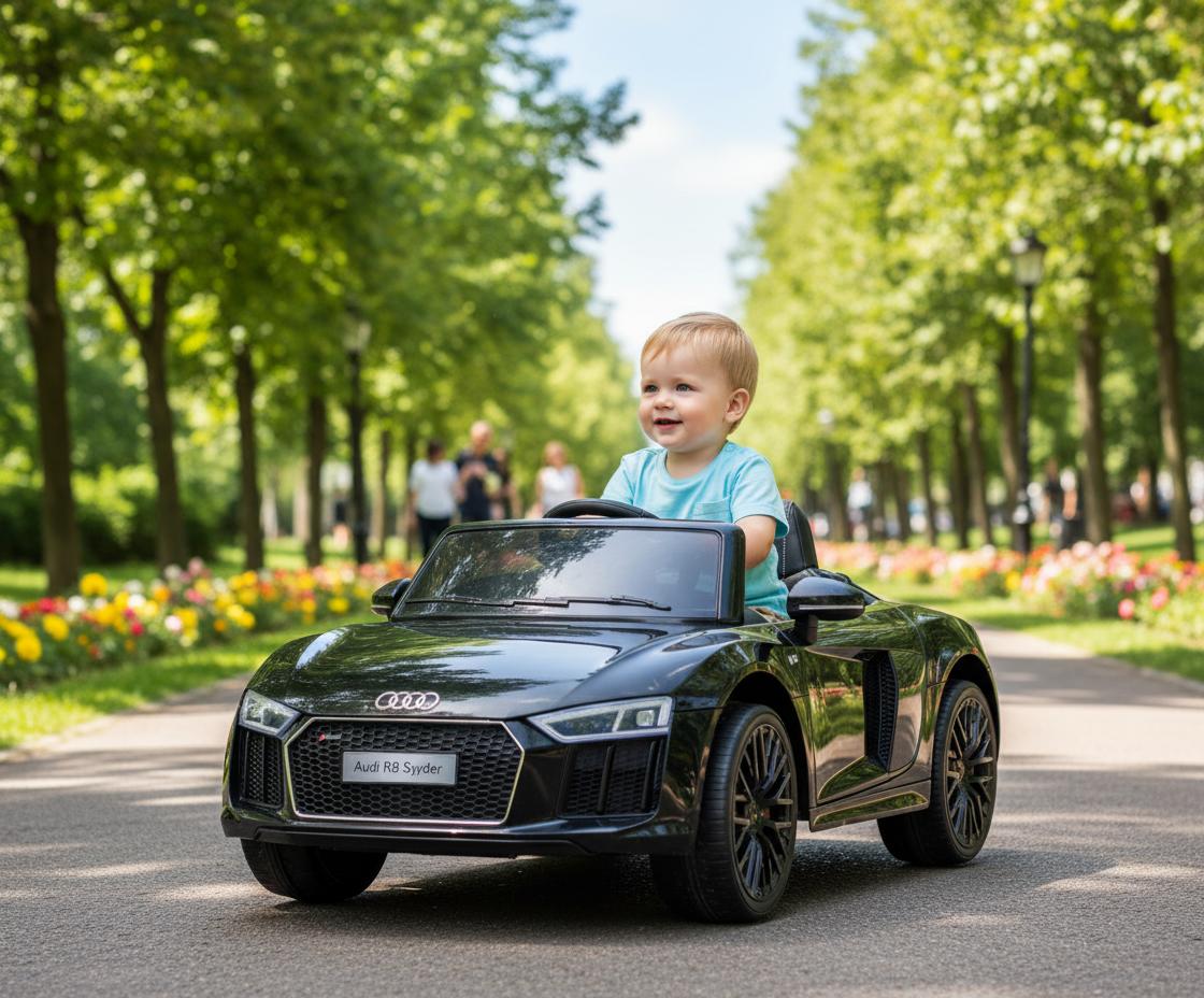 Dziecko w czarnym autku Audi R8 Spyder na słonecznej alejce parkowej